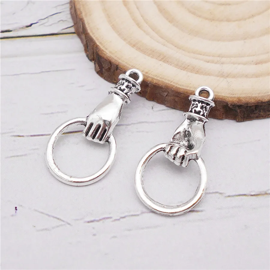 Julie Wang 20PCS Alloy Hand Circle Charms Antique Silver Color Pendant Necklace Bracelet Jewelry Making Accessory