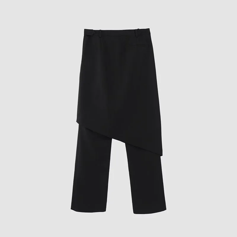 2025 خريف/شتاء جديد تنورة غير متناظرة المرقعة فو قطعتين عالية الخصر مستقيم الساق فستان كاجوال بسيط السراويل