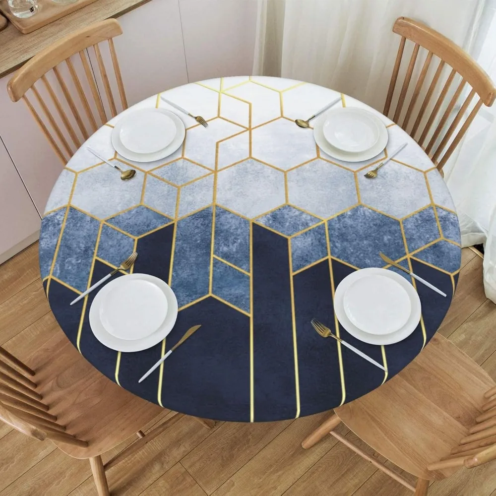 Round Table Cloth White Blue Geometric Hexagons Tablecloth Elastic Edge Fitted Table Cover Fits Tables Up to 40