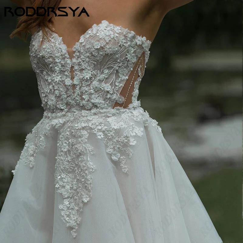 RODDRSYA-Vestido De novia De encaje sin tirantes, prenda elegante con estampado 3D romántico, línea A, ilusión De fiesta, botón, espalda descubierta-Vestido De novia De encaje sin tirantes, prenda elegante con estampad