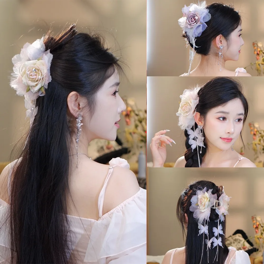 Jepit Rambut Bunga Retro Aksesori Rambut Klip Hiu Hanfu Peri Super Temperamen Cakar Rambut Rumbai Besar