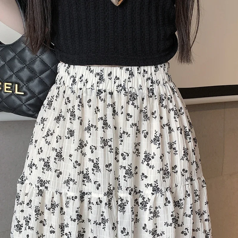 Korean Fashion Floral Print Skirt Women Summer New Elegant Black Long Skirt Female Retro A-line Drap Beach Holdiay Faldas Mujer