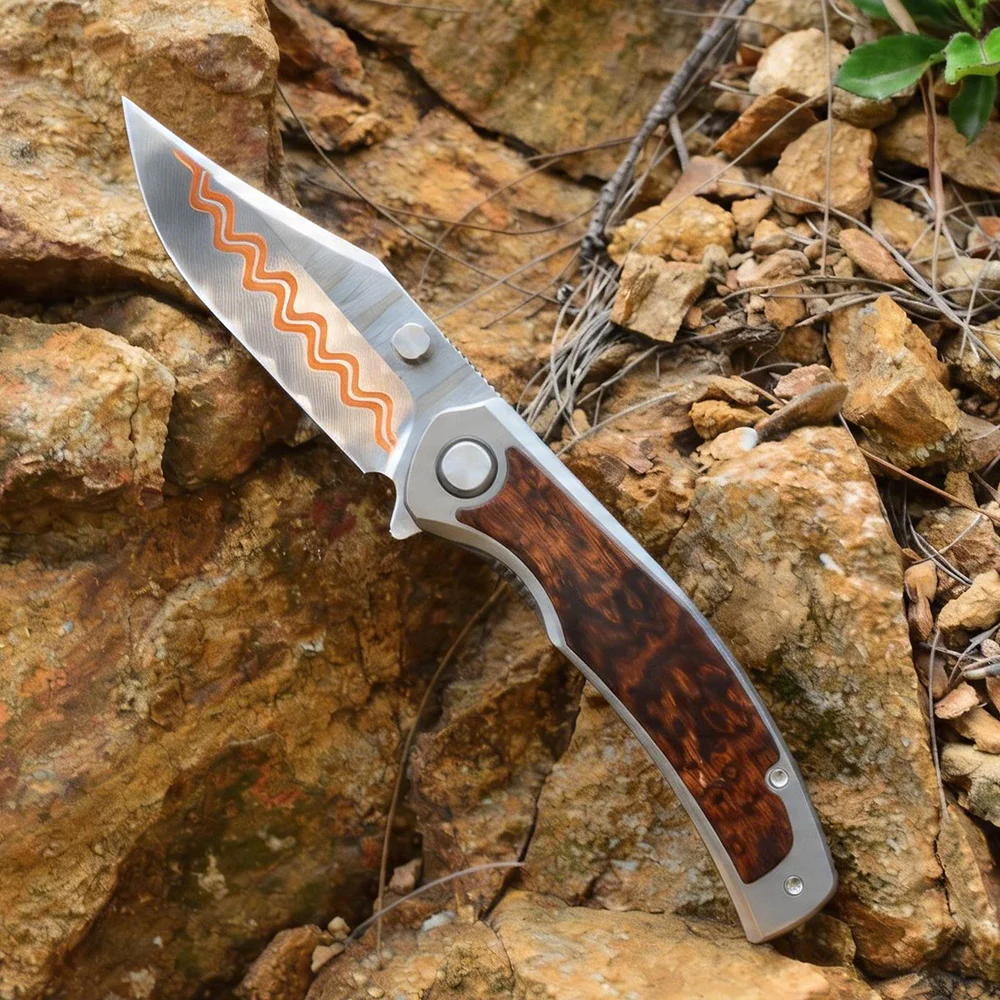 

High carbon steel folding outdoor knife with copper-inlaid craftsmanship and solid wood handle, suitable for camping and gifting