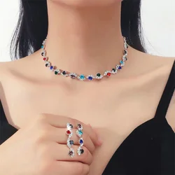 FYUAN Colorful Crystal Necklace Earrings Sets Ladies Rhinestone Necklace Women Weddings Bride Jewelry Accessories