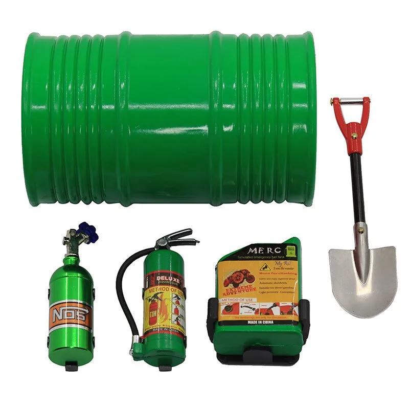 5 pçs rc carro simulado decorações kit tambor de óleo pá garrafa de nitrogênio para 1/10 rc rastreador scx10 trx4