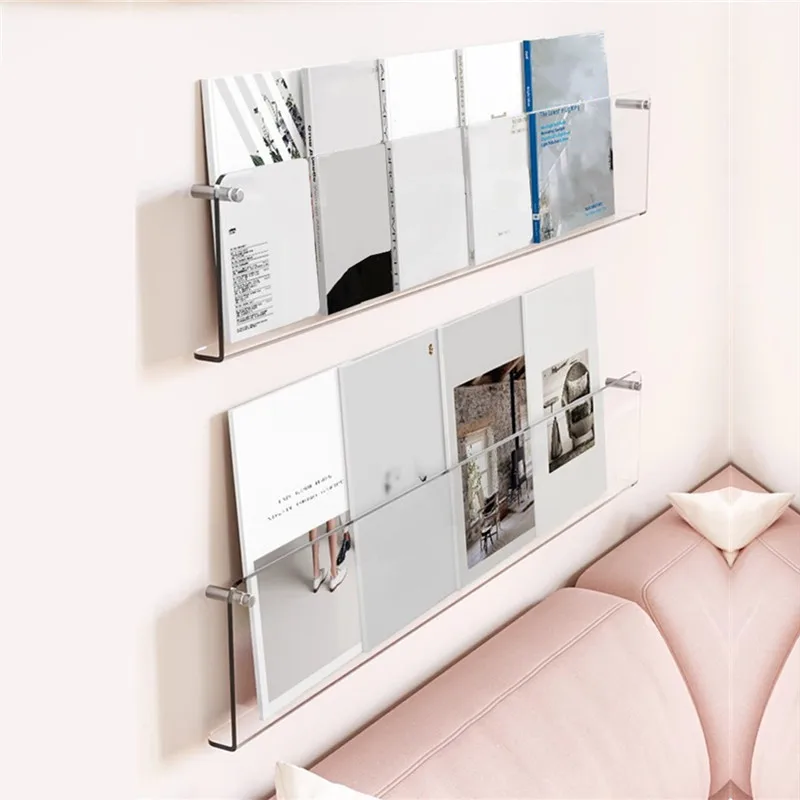 

Wall Mounted Acrylic Bookshelf Punch-Free Storage Rack Magazine Display Rack Picture Book Holder