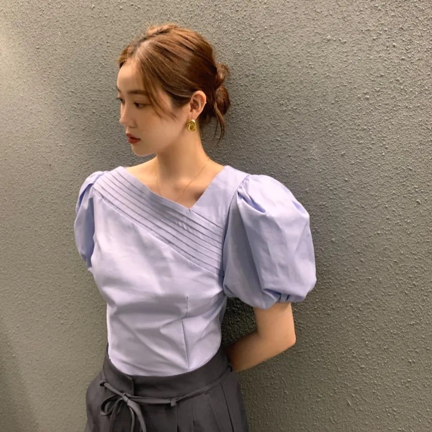 

Summer Pleated Bubble Sleeve Shirt Korean Style Women's Fashion Spring Autumn Winter Casual Inner Wear Regular Fit Street Style