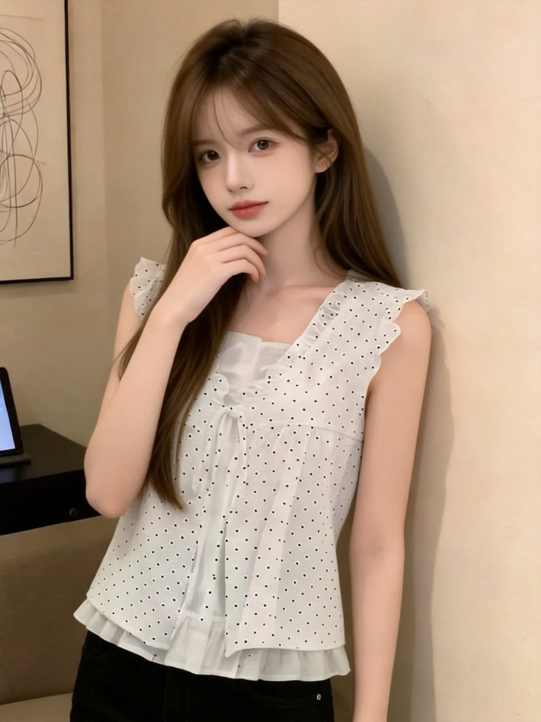 

White Polka Dot Doll Shirt Women Summer Lace Loose Belted Sleeveless Short V-Neck French Style Breathable Thin Polyester