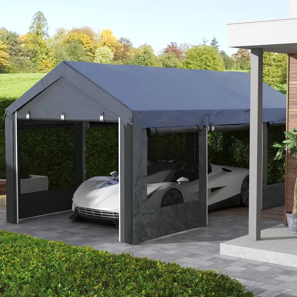 Portable Garage 10' x 20', Height Adjustable Heavy Duty Car Port Canopy, 4 Ventilated Windows & 4 Roll-up Doors for Garden Tools