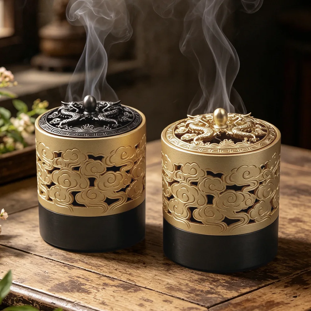 Restore Relief Double Fragon Incense Burners Metal Home Decor Ornaments Creativity Pen Holders with Gift Packing Sandalwood Base