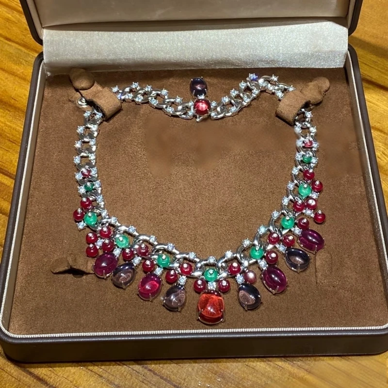 Bellux 925 Silver Gold Plated High Carbon Diamond Colorful Oval Shaped Ruby Vintage Luxury Women's Banquet Necklace