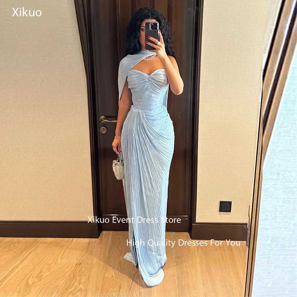 

Xikuo Dreamy Light Blue Evening Gowns One Shoulder Pleated Vestidos De Gala Mermaid Sweetheart Side Slit Party Dress Customized