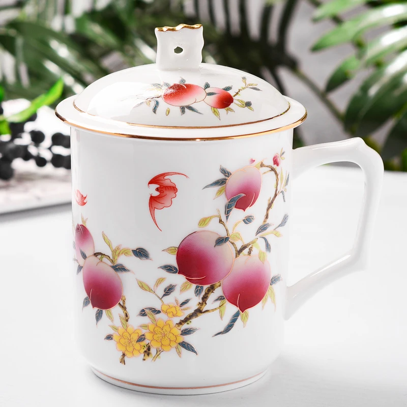 Luxury Pomegranate Mug Cup Superior Quality Fine Bone China Porcelain Mugs White 16oz 500Ml With Lid Ceramic Mug Espresso Garden
