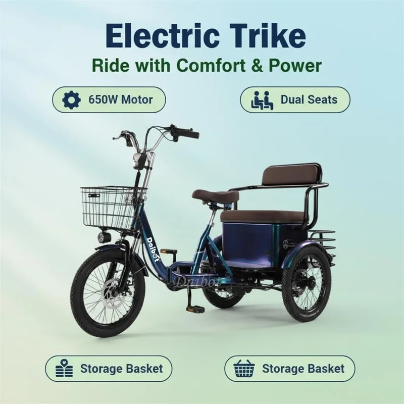 3-Rad-Elektrofahrrad 2-Sitzer für Erwachsene 650W Eltern-Kind-Elektrodreirad mit Rücksitz, faltbares Elektrofahrrad für Senioren – Detail 4
