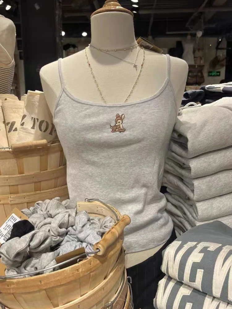 

Little Deer Embroidery Tank Tops Woman Summer Gray Cotton Sleeveless Slim Camisole Vests Casual Vintage Sweet Cute Crop Top Y2k
