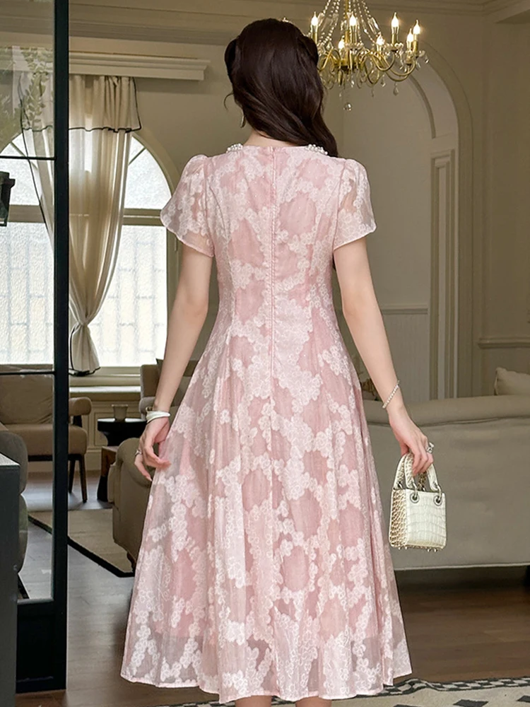 Nuove donne estive abiti rosa perla girocollo volant manica corta maxi abito abito dolce ed elegante abito da sera da ballo per feste da donna