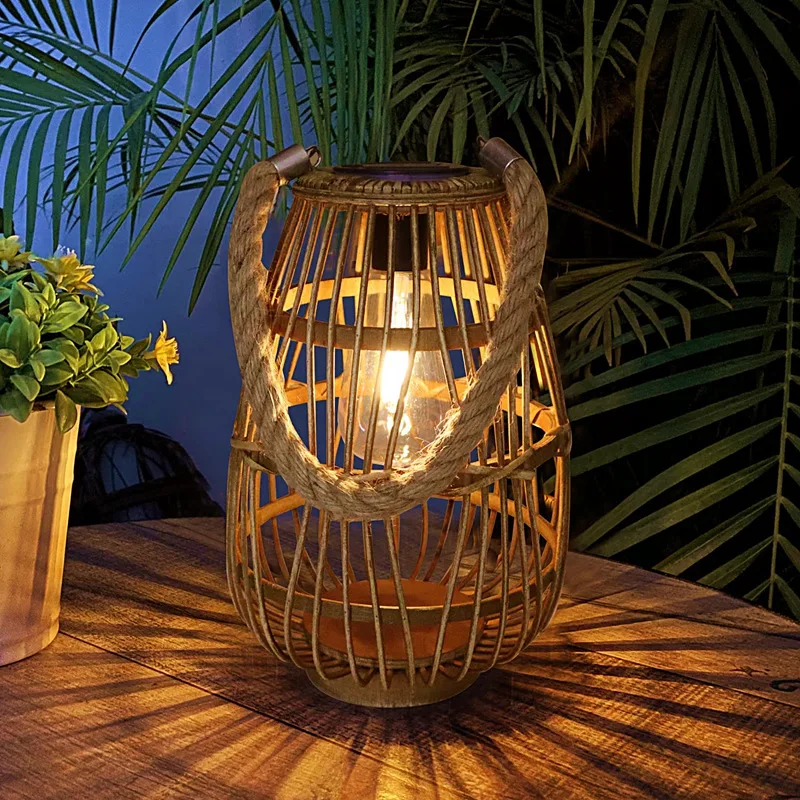 2026 Rattan Solar Portable Hand Lamp Hanging Decor Light For Garden Lawn Patio Outdoor Ambient Lighting
