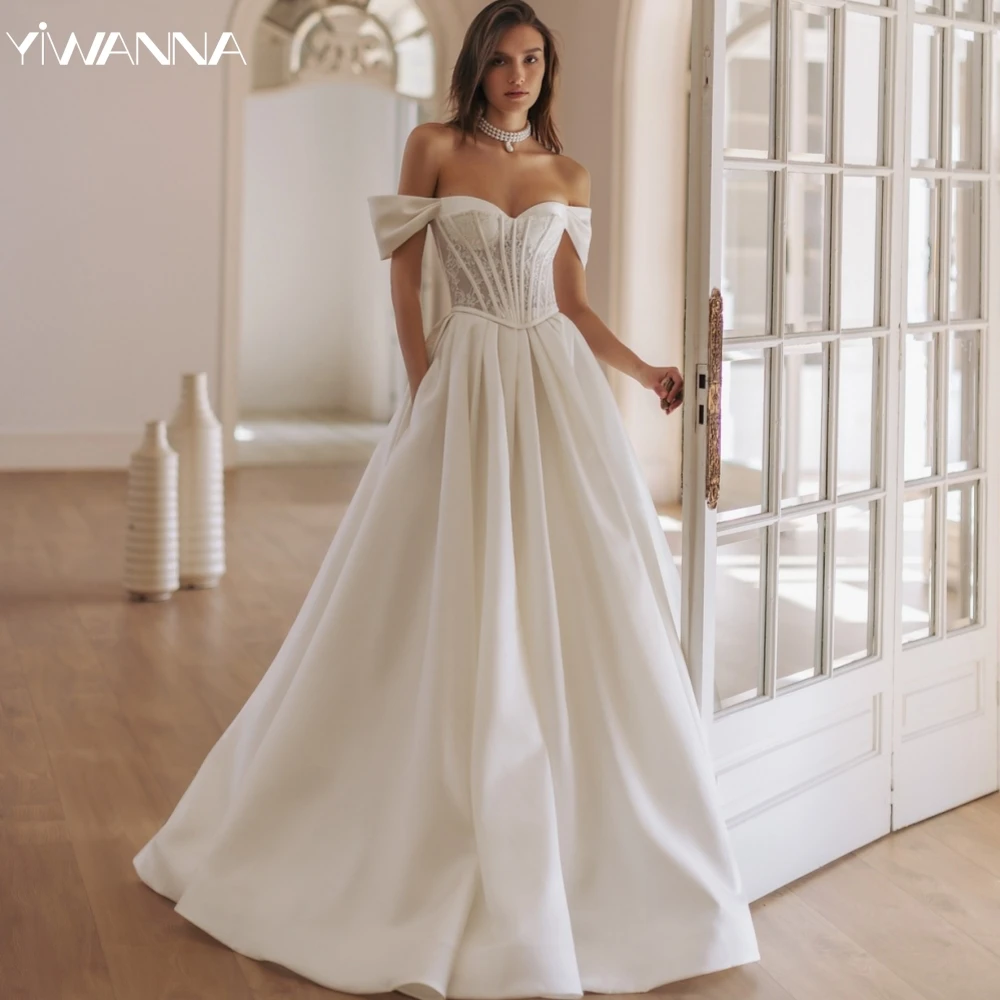 

2025 New V-neck Off The Shoulder Bride Robe Classic Lace Bridal Gown Customized A-line Satin Wedding Dresses Robe De Mariée