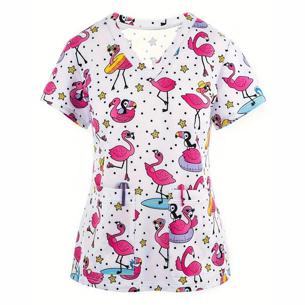 Nursing Medical Uniform Animal Cartoon Print Obstetrics Nurse Tops V-Neck Short Sleeve with Pocket Tees Women's Hospital Uniform