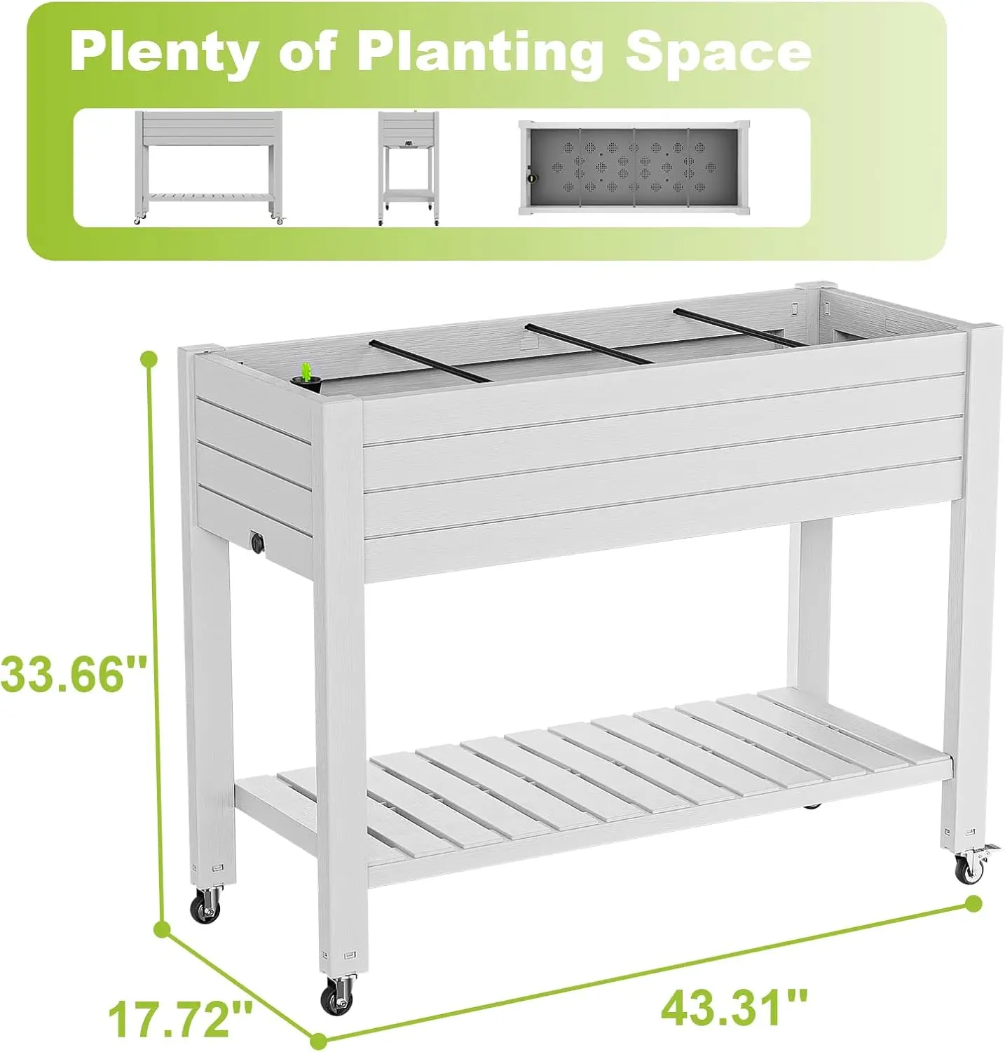 Outdoor Patio Gardening with Resin Planter, Ashen Color, Wheels and Drain Plug, Water Monitor for Plants