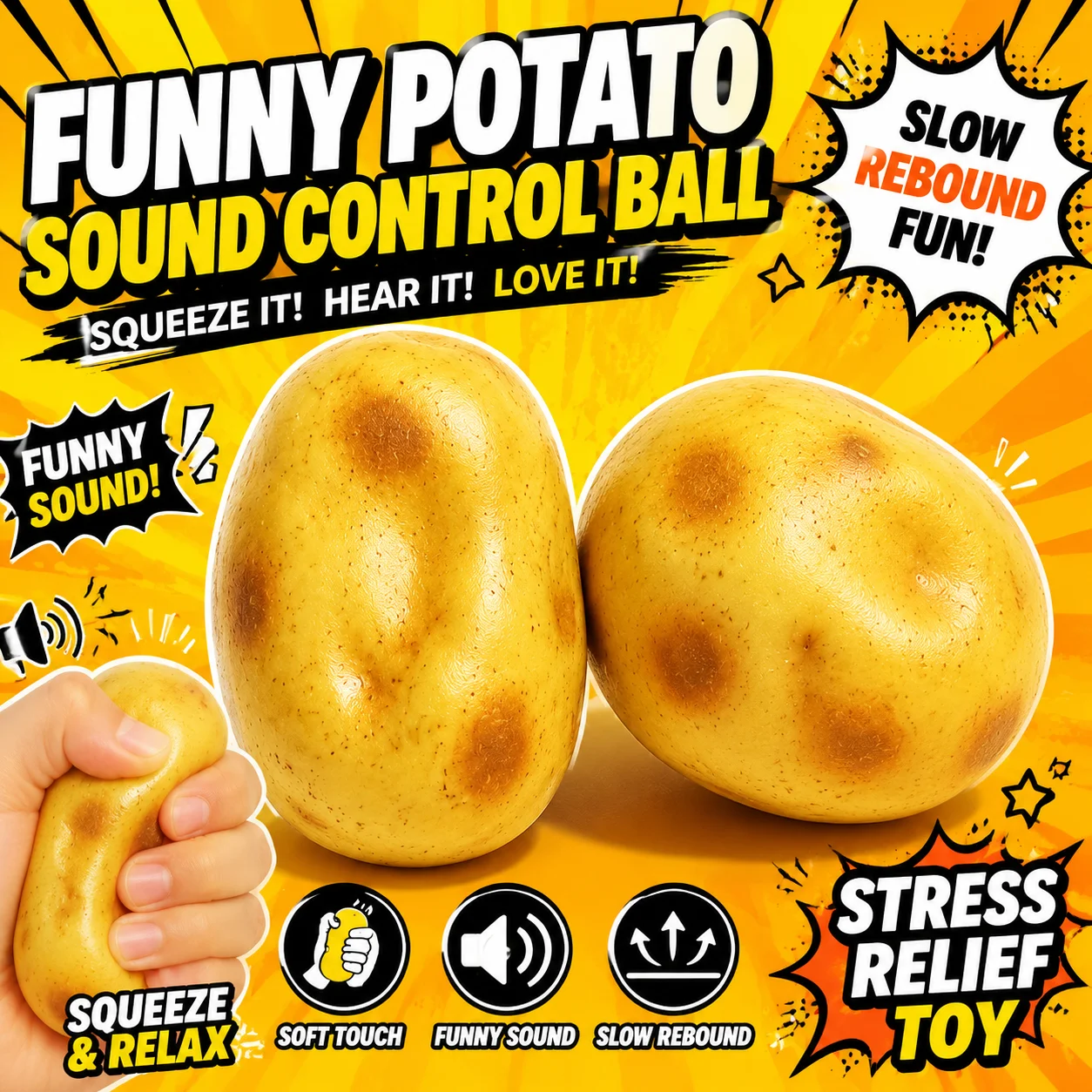 Funny Potato Sound Control Ball Slow Rebound Stress Relief Toy Soft Silicone Squeeze Ball Sensory Fidget Toy Gift for Kids Adult