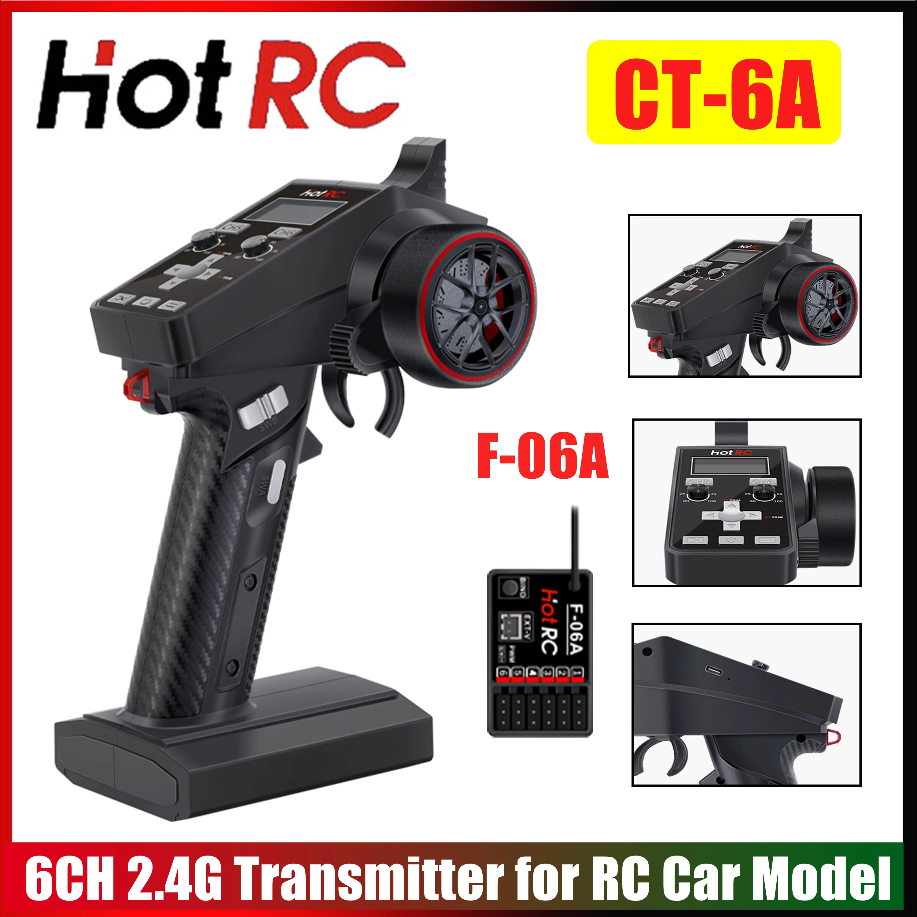 HOTRC CT-6A 6CH 2.4G Radio System Transmitter One-handed Control F-06A 6 Channel PWM Receiver for RC Car Boat Drone Model Toys