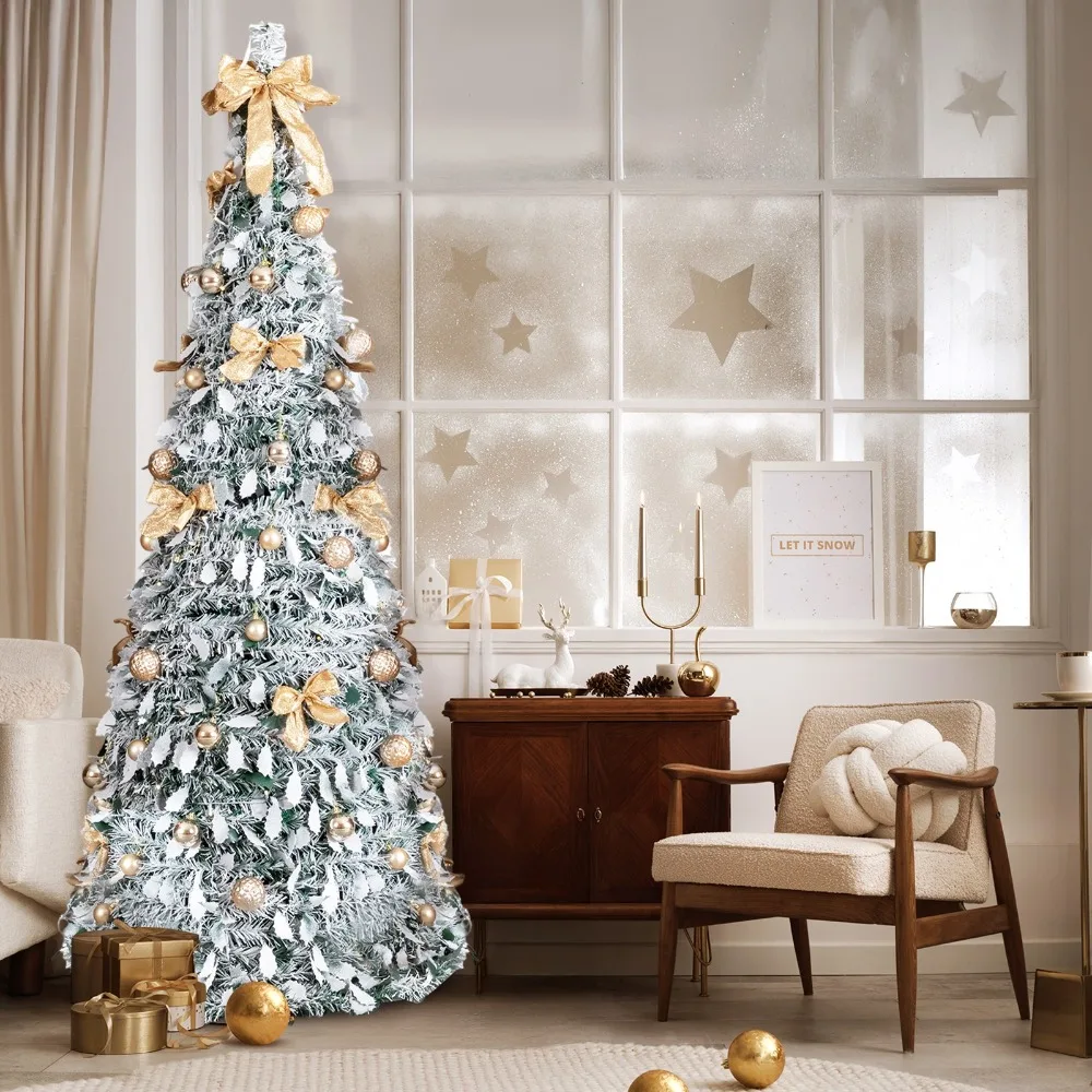 

Snow Flocked Pre-lit Artificial 6 / 7FT Christmas Tree with Lights, Ornaments