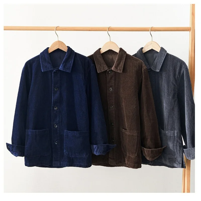 

Autumn Winter Men's Warm Cotton Corduroy Shirts Button Down Long Sleeve Blouses with Multiple Pockets Streetwear