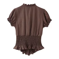 2026 New Summer Women Lightweight Blouses Retro British Style Puff Sleeve Tie Neck Slim Ruffle Casual Daily Wear Shirts 5