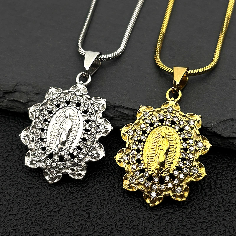 مريم العذراء زهرة كريستال قلادة للنساء الرجال الفولاذ المقاوم للصدأ الذهب اللون سلاسل سيدة غوادالوبي القلائد مجوهرات #1