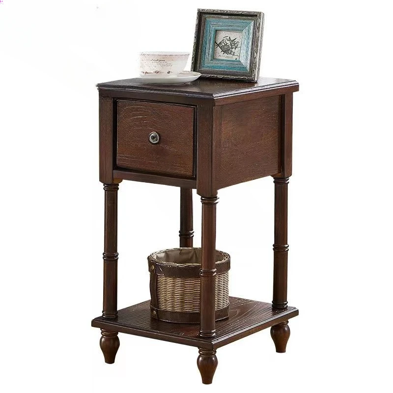 American retro narrow edged pure solid wood bedside table square European bedside table solid wood