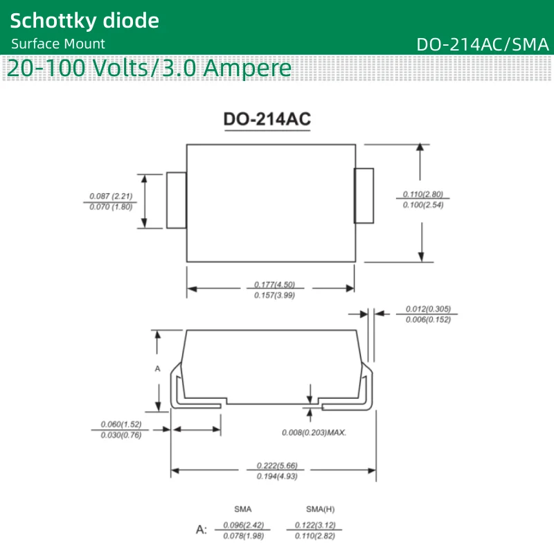 Diodo de montagem em superfície Schottky, 20 a 100 volts, 3,0 ampères, DO-214AC, SMA, SK32, SK33, SK34, SK35, SK36, SK38, SK310, 50pcs por lote