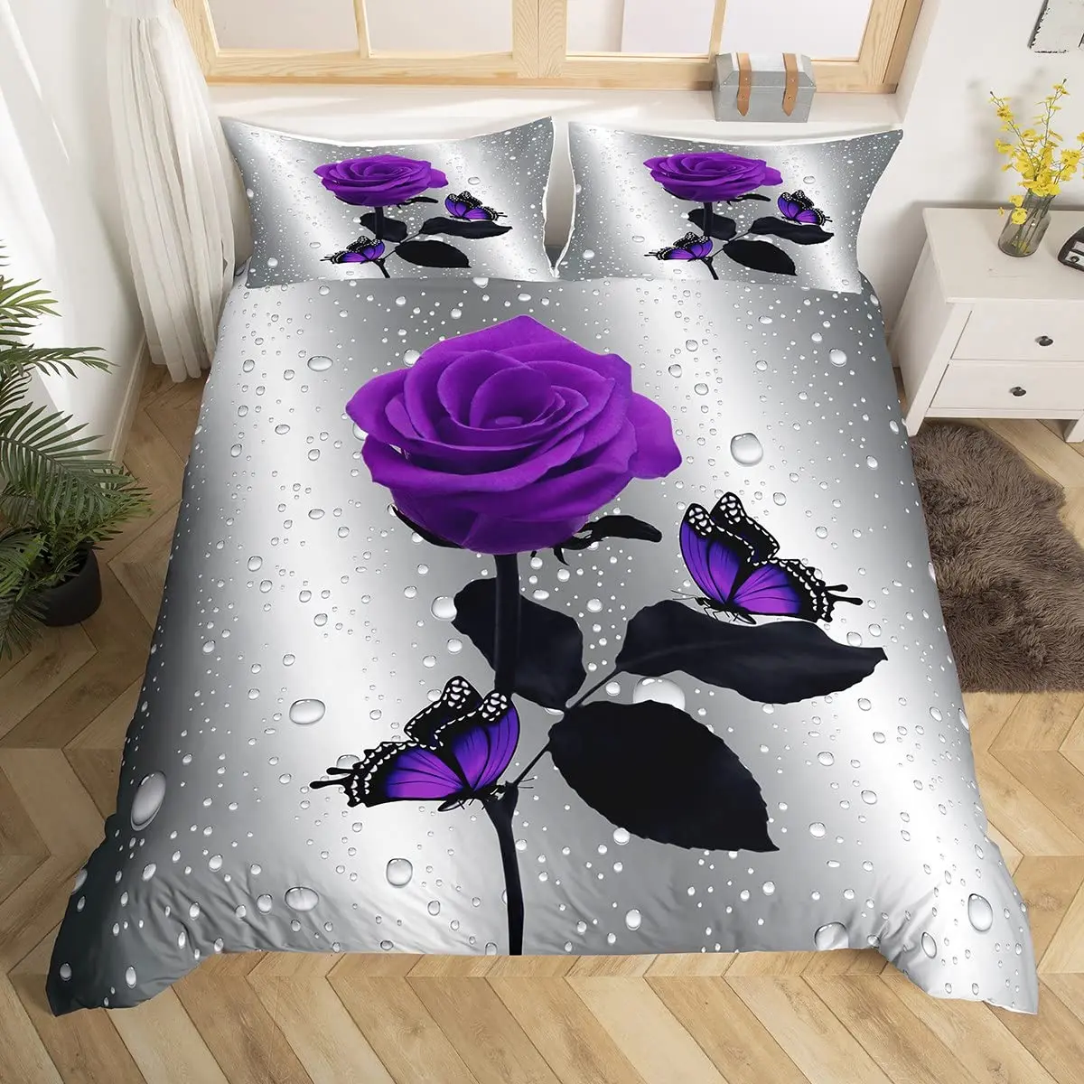 Rose Duvet Cover Rose Floral Print Bedding Set Romantic Flowers Comforter Cover for Boys Girls Teens Room Decor, Twin King Size