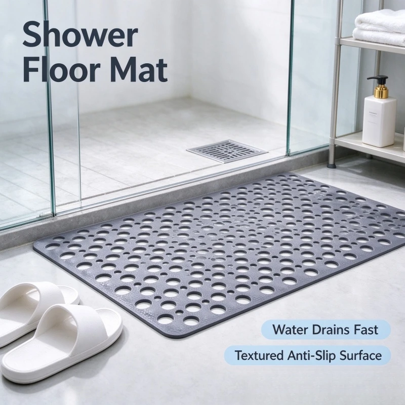 Stocking Stuffers Non-Slip Bathroom Shower Mat with Suction Cups, 43x75cm Round Hole Quick Drain Bath Rug, Massage Design For