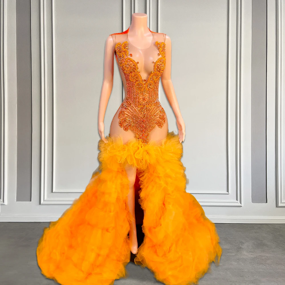 Sexy See Through High Slit Orange Prom Dress Sparkly Rhinestones Beaded Tiered Ruffles Black Girls Luxury Birthday Party Dress