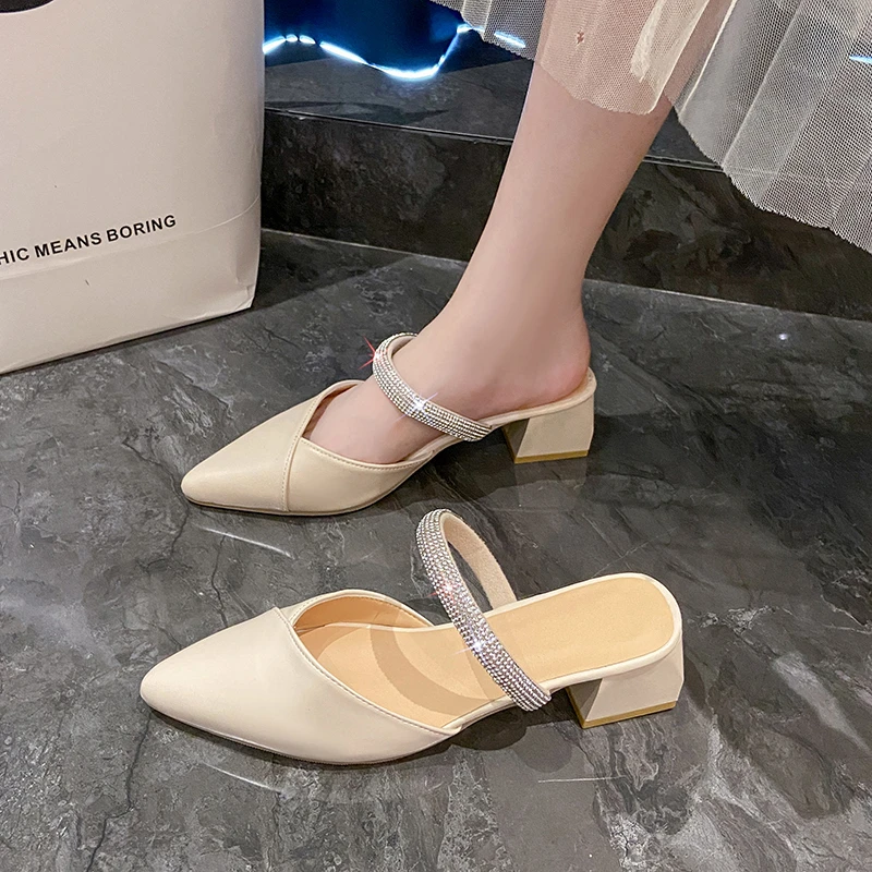 2026 New Comfortable Mid-Heel Women's Mule Shoes Designer Pointed Toe Slippers Elegant Summer Party High Heels Zapatilla Mujer view 4