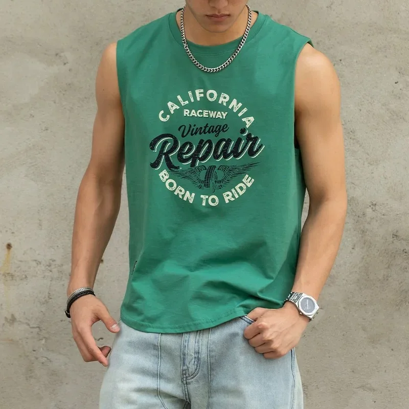 2025 Summer New American Retro Sleeveless O-neck Letter Printed T-shirt Men's Fashion 100% Cotton Basketball Sports Casual Vest