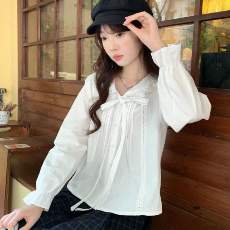 

Korean Style Doll Collar Long Sleeve White Blouse Lace Women Spring Summer Fashion Ruffle Detail Tie Front Versatile T-Shirt
