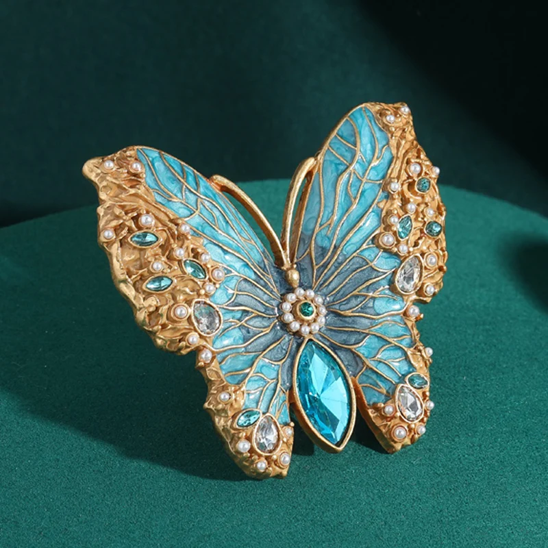 

Vintage Large Blue Butterfly Big Cocktail Rings For Woman Crystal Enamel Size 8 Gold Color Luxury Jewelry Designers Accessories