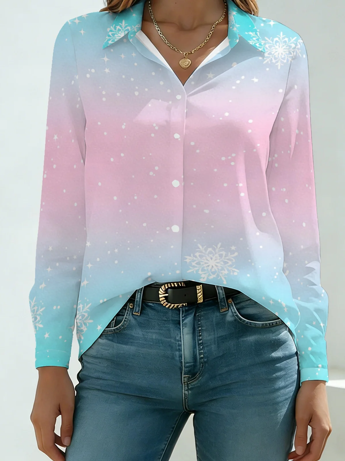 Christmas Winter Pastel Snow Print Women Lapel Blouse Pink Cyan Gradient Delicate Sketch Snowflake Tiny Star Long Sleeve Holiday