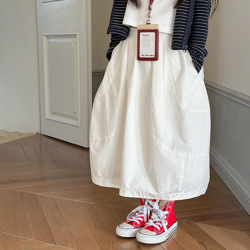 3-14Years Girls Korean Style Simple Medium Long Skirt Gentle And Delicate Style Small Flower Bud Skirt Half Length Skirt