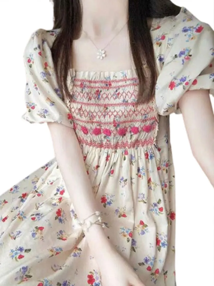 

plus Size Floral Print Square Ne Slimming Waist Summer Dr Women's Ele Long Skirt Sweet Sle Polyester Georgette Fabric