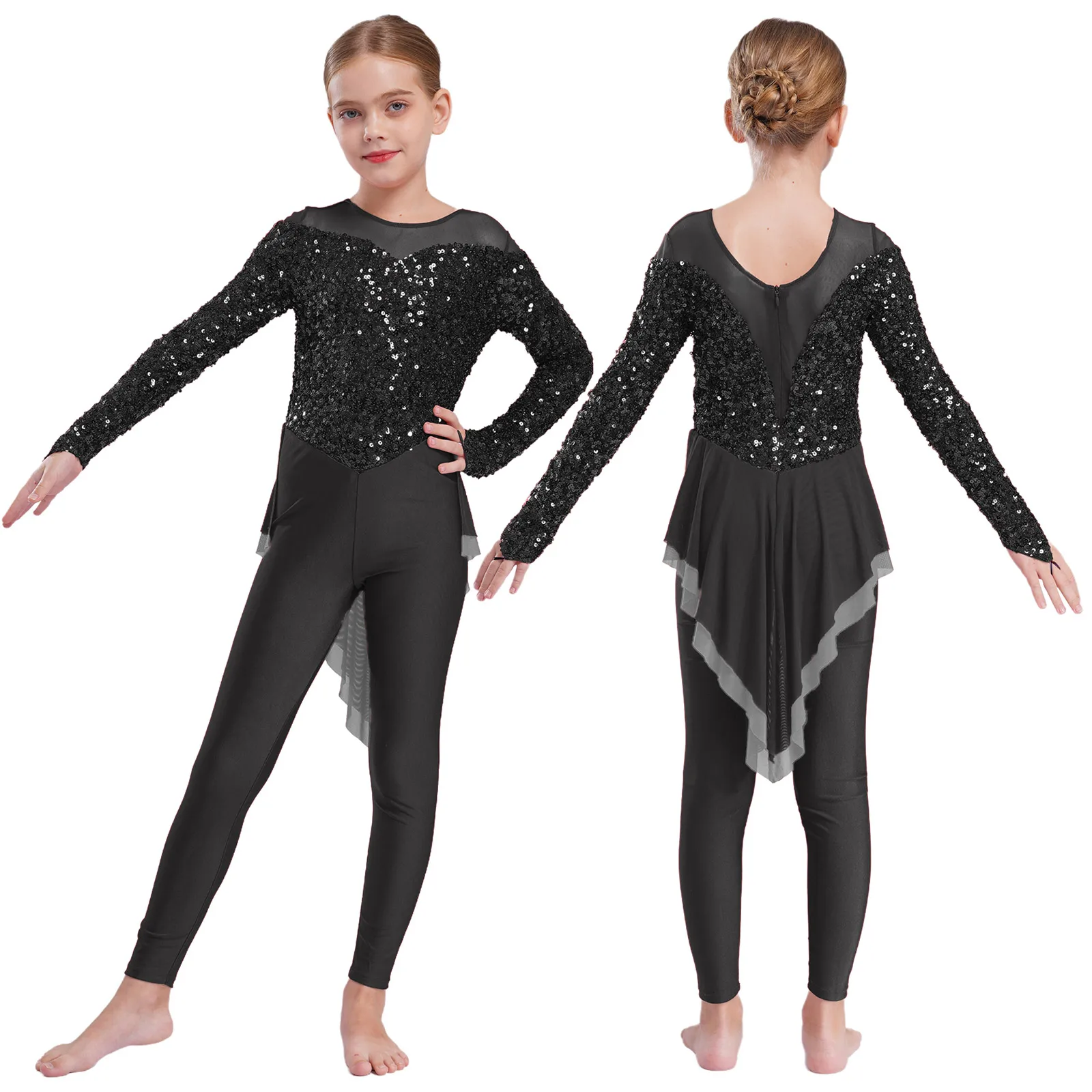

Kids Girls Sparkly Sequins Gymnastics Jumpsuit Long Sleeve Ankle Length Leotard Skirted Bodysuit for Jazz Dance Competition