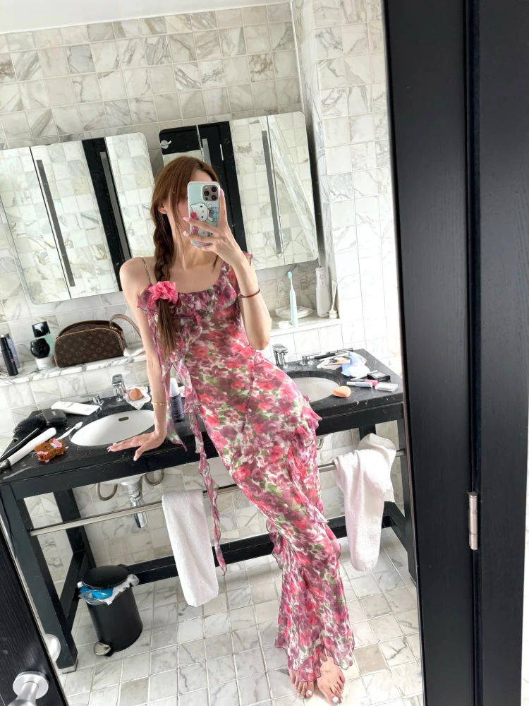 

Sexy High Waist Floral Print Slim Fit Maxi Dr Women's Summer Vaion Sle off oulder Gown Pink Polyester Material