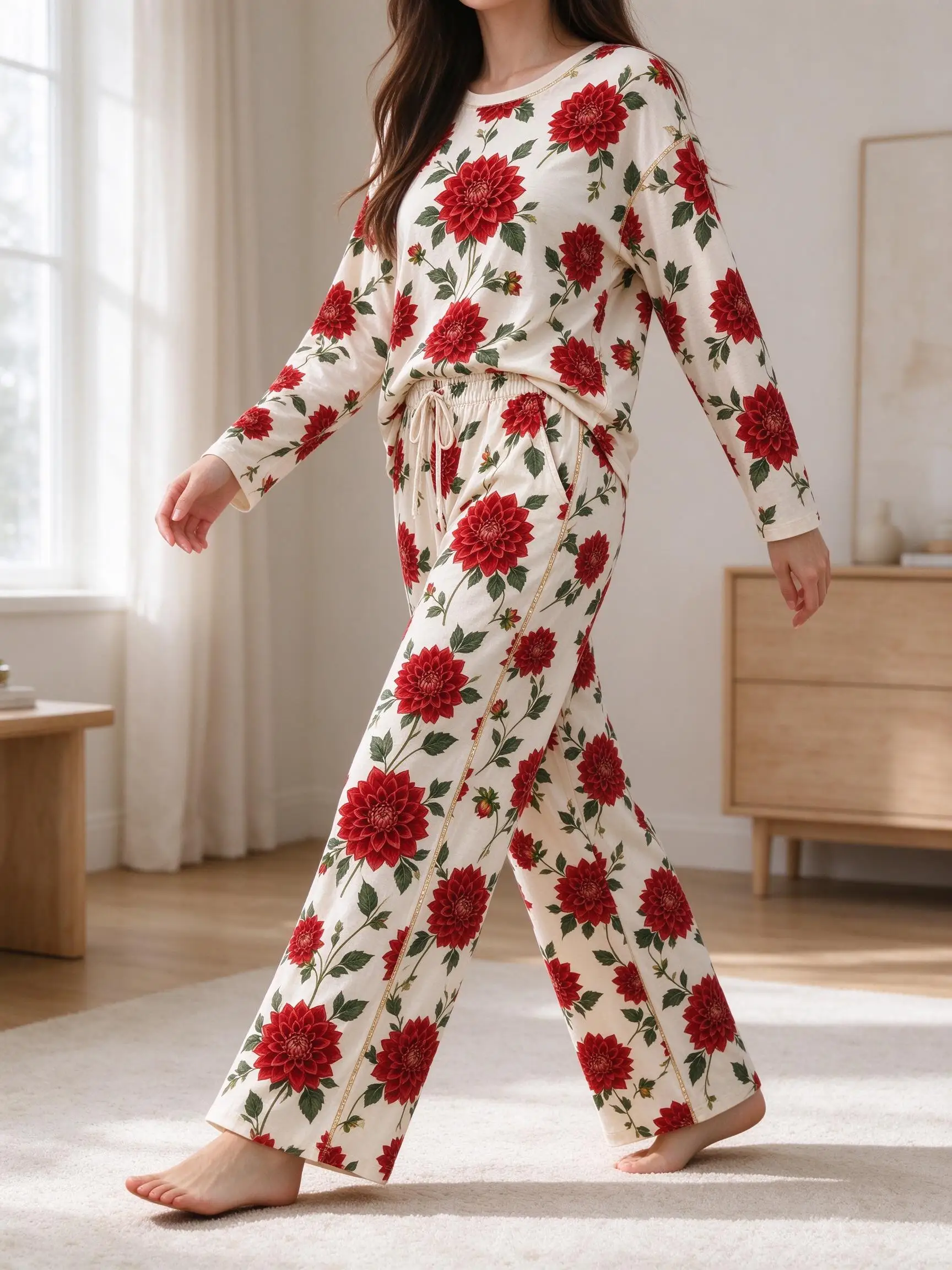 Women Imitation Cotton Pajama Set Cream Base Red Poppy Floral Print Round Neck Long Sleeve 2PCS Sleepwear Loungewear image 4