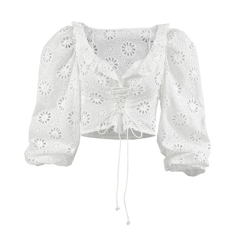 Women 2026 New Hot Selling Sexy White Cotton Embroidery Cutout V Neck Puff Sleeve Tie Waist Irregular Blouse Top Trendy Chic Hit