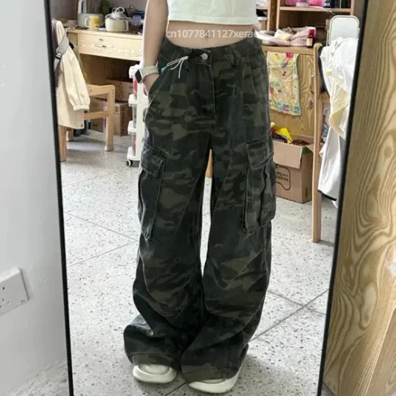 American Camouflage Street Dance Denim Workwear Pants for Spring and Autumn 2025 Retro Loose Wide Leg Slimming Casual Jeans