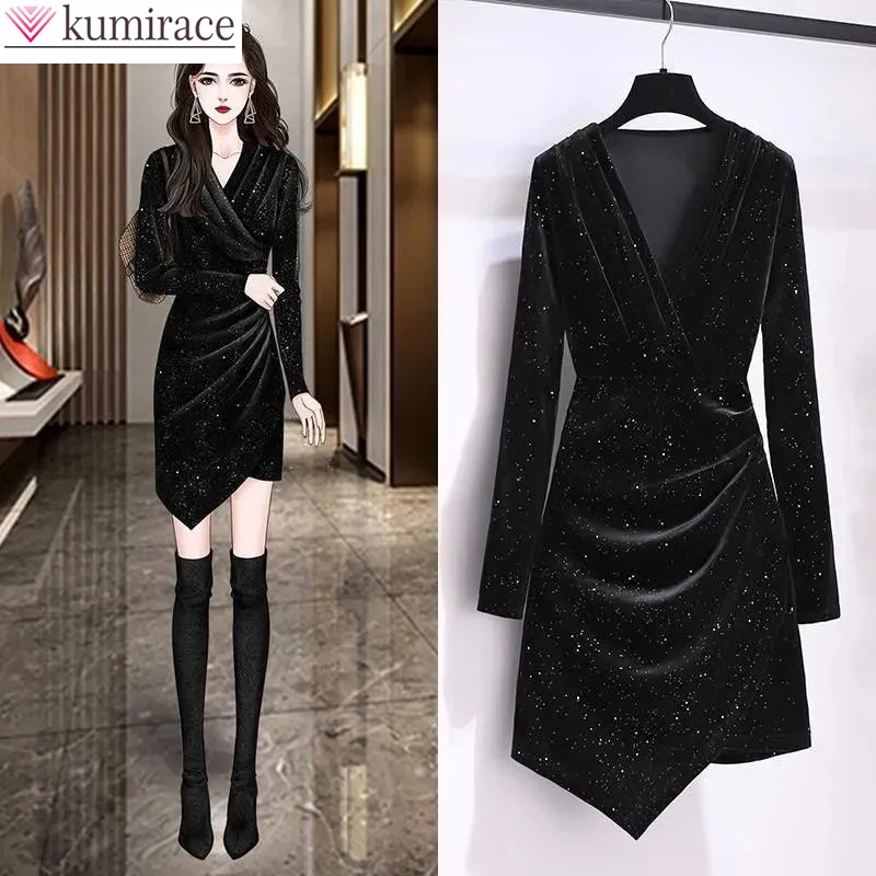 

Korean Popular Autumn Style Starry Sky Polka Dot Pleated Korean Velvet Mini Dress Elegant Women Party Dresses Slim Short Robe