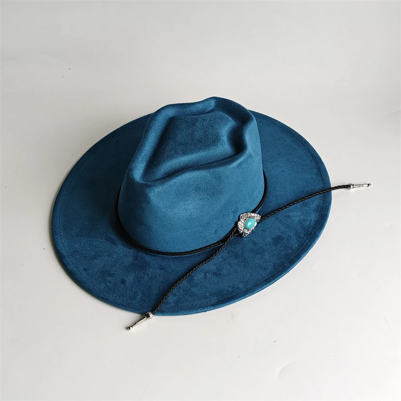 Arrow Top Cowboy Hat for Women Men Vintage Faux Suede Western Fedora Hat with Bolo Tie Leather Rope Sun Jazz Sombrero Cap