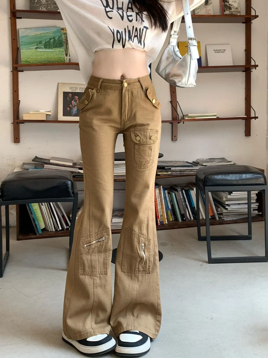 Y2K 美的ブラウンスプライスフレアジーンズ女性ハイウエストストリートカーゴジーンズパンツヴィンテージデニムパンツグランジ Pantalones